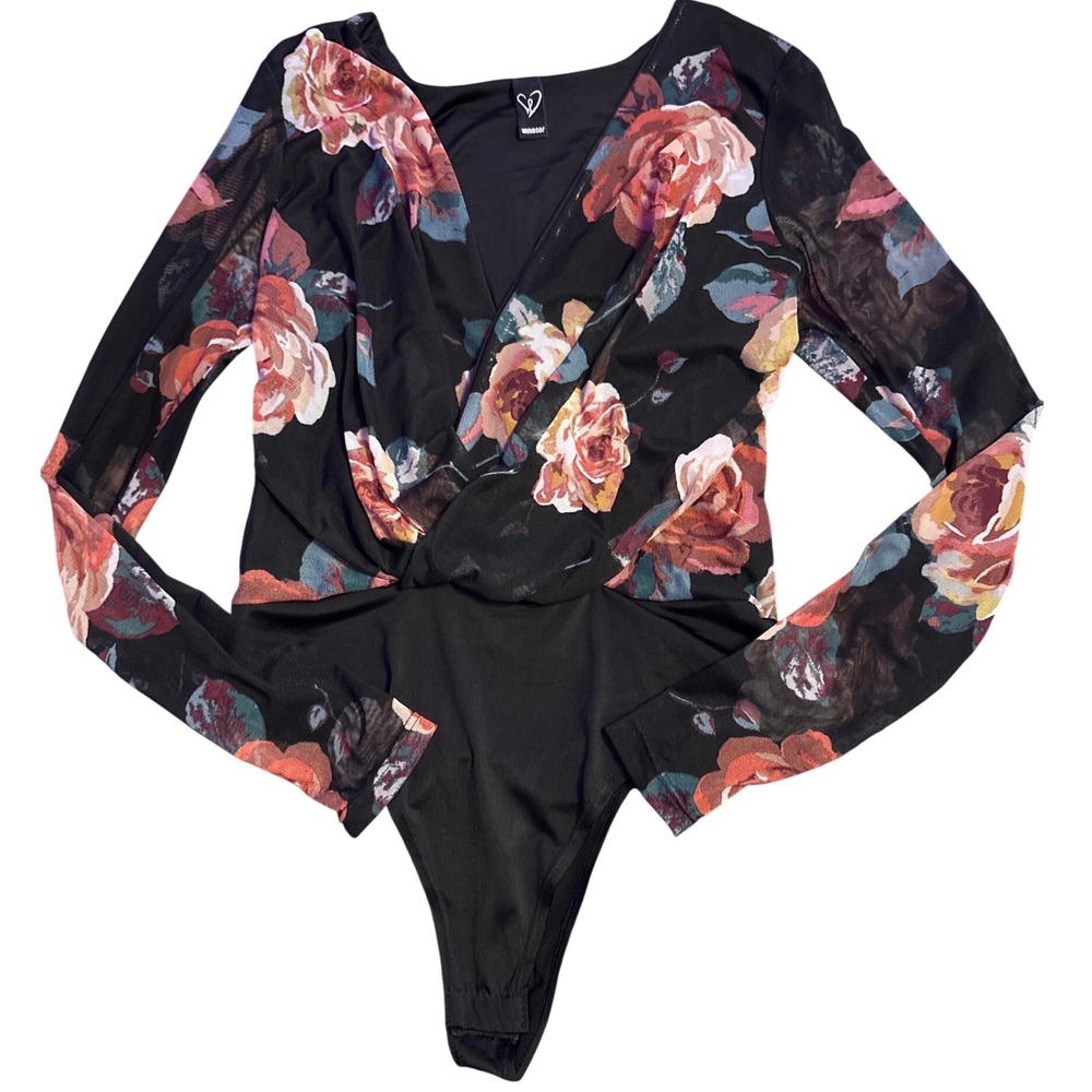 Windsor Women's Black Floral Mesh Long‎ Sleeve Plunge Bodysuit, Size Large